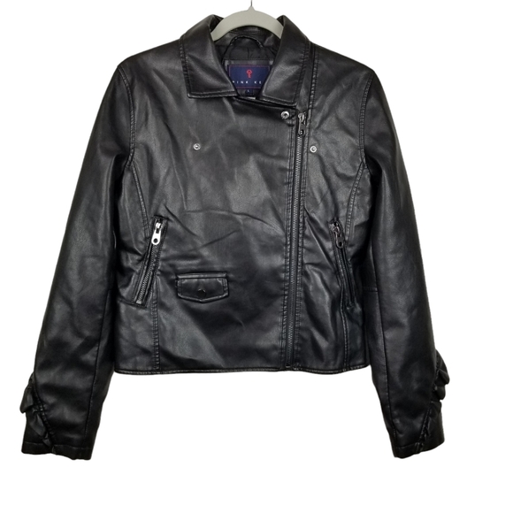 Pink Key Black Vegan Leather Moto Jacket with Ruffle Sleeves Women's Size Large - Picture 4 of 11